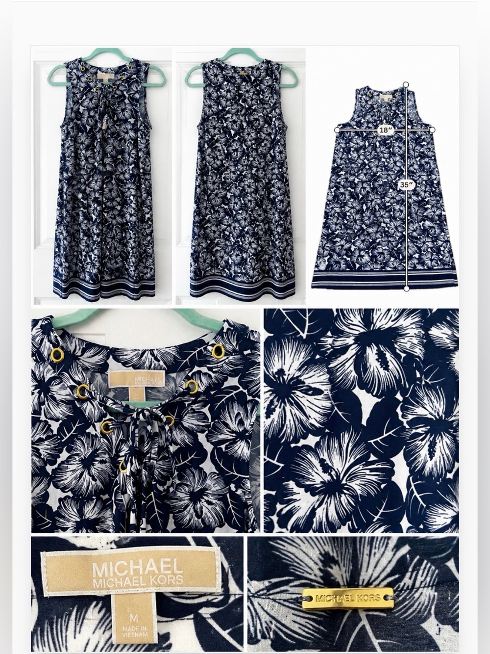 Michael Kors Navy and White Floral Lace-Up Sleeveless Dress